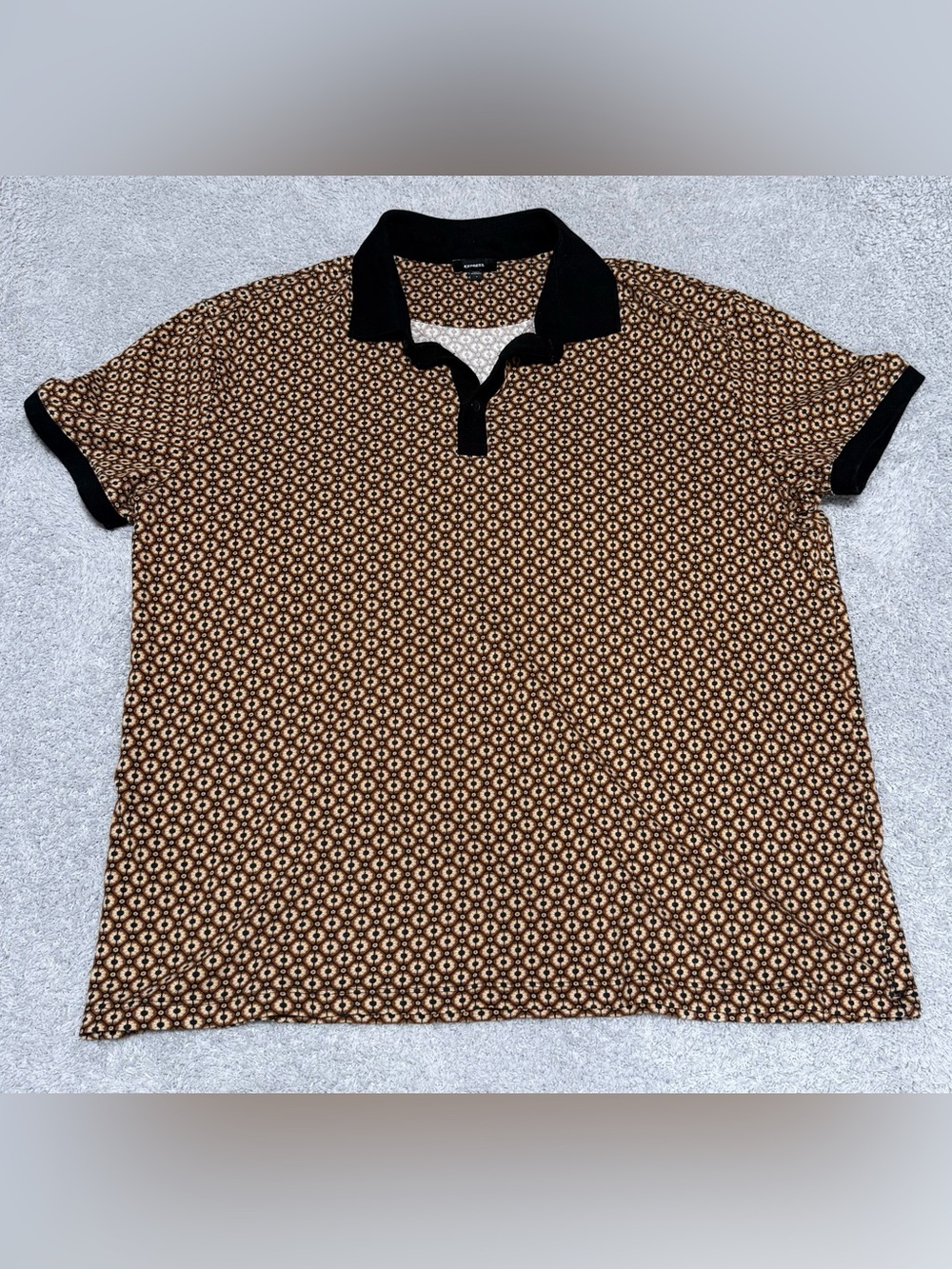 Express Men’s Geo Luxe Pique Brown & Black Retro Bowling Polo Shirt Size Large